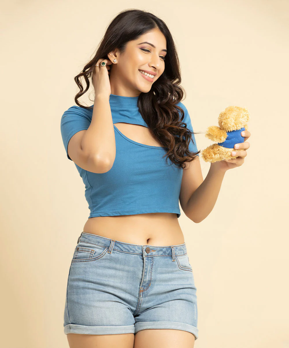 Mock Neck Blue Cutout Tee - Image 2