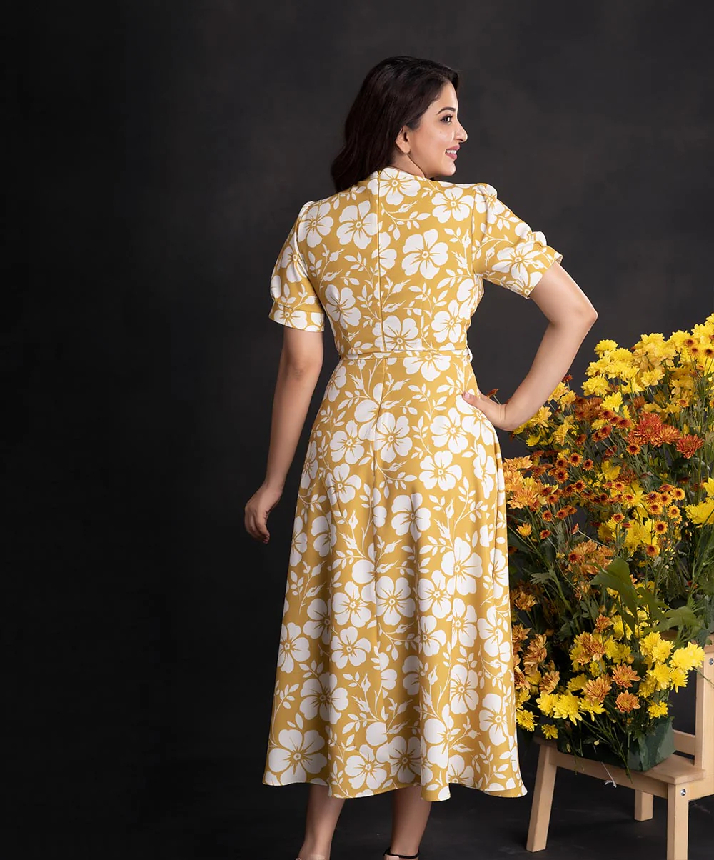 Mustard Floral Calf Length Chiffon Dress - Image 2