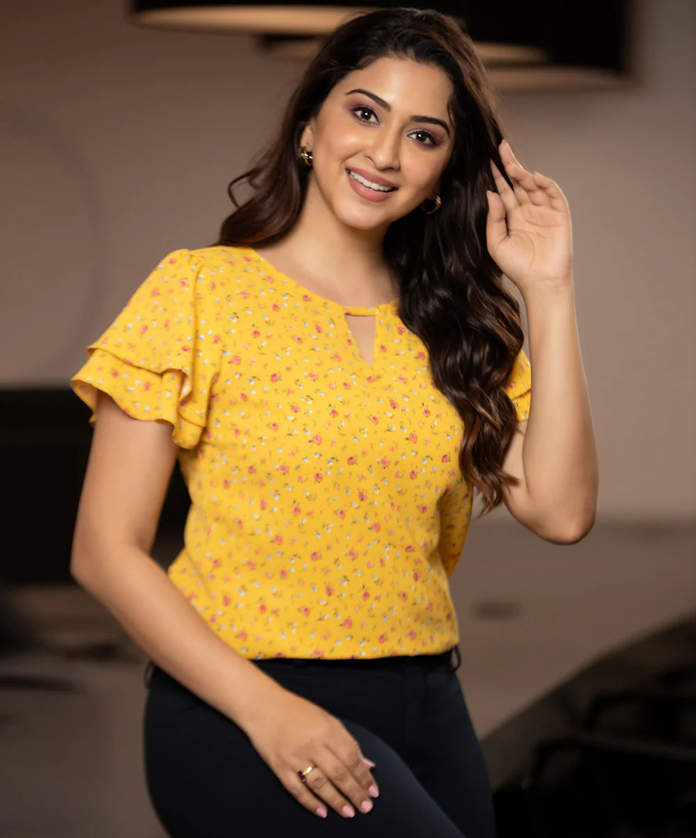 Mustard Floral Keyhole Neck Ruffle Top