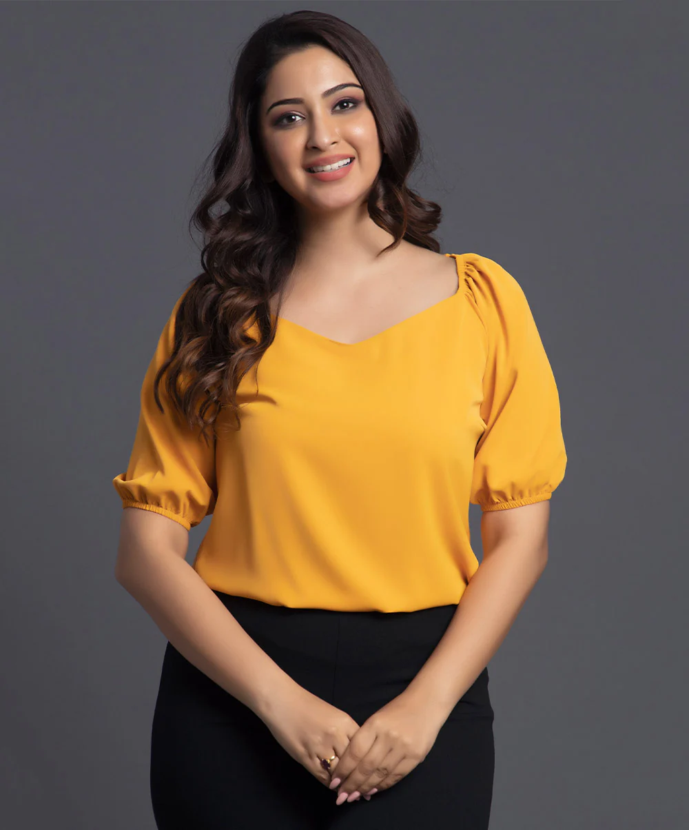 Mustard Largely Puffed Sleeve Chiffon Top