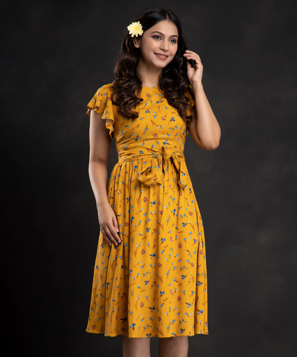 Mustard Printed Floral Sleeve Frilled Dress - Image 2