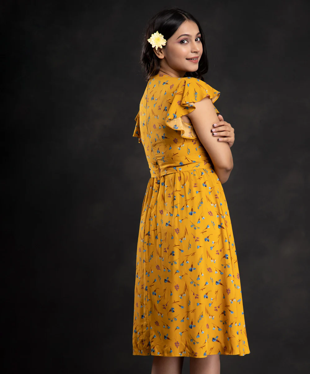 Mustard Printed Floral Sleeve Frilled Dress - Image 3