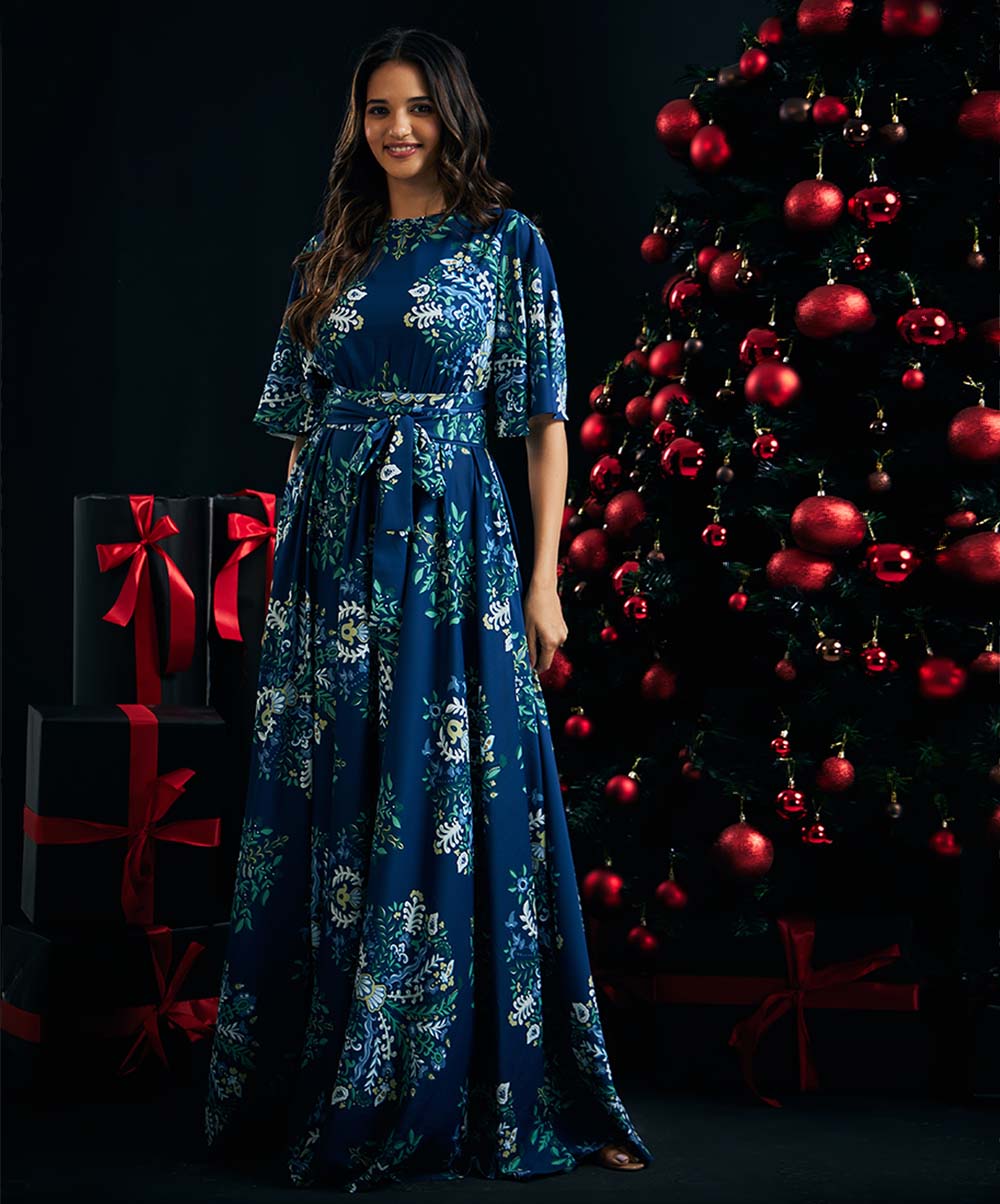 Navy Blue Printed Maxi Dress