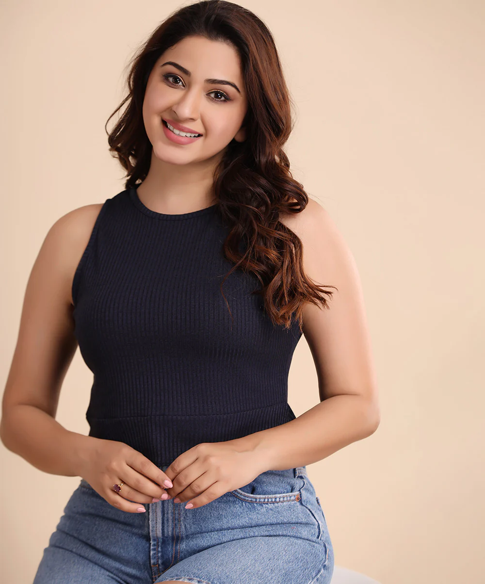 Navy Blue Rib Peplum Crop Top