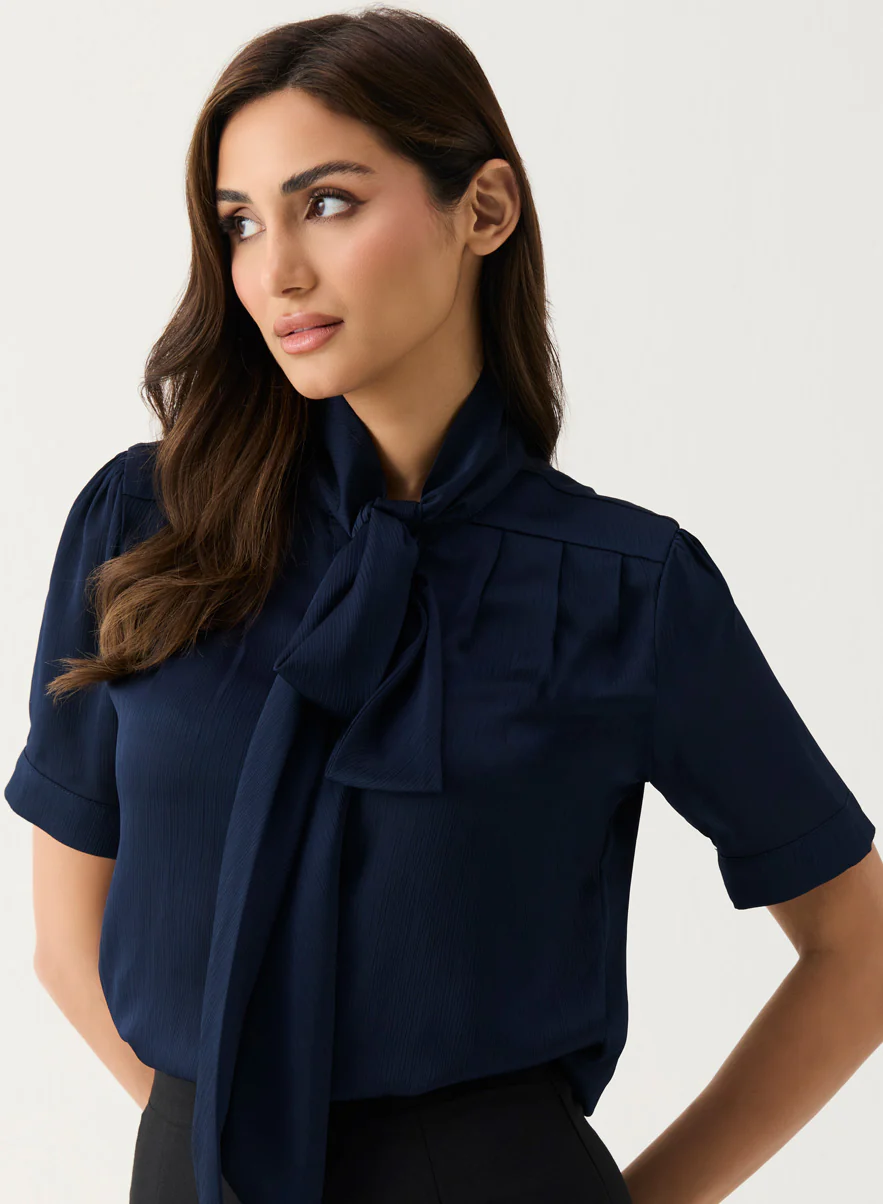 Navy Blue Short Sleeve Neck-Tie Top - Image 2