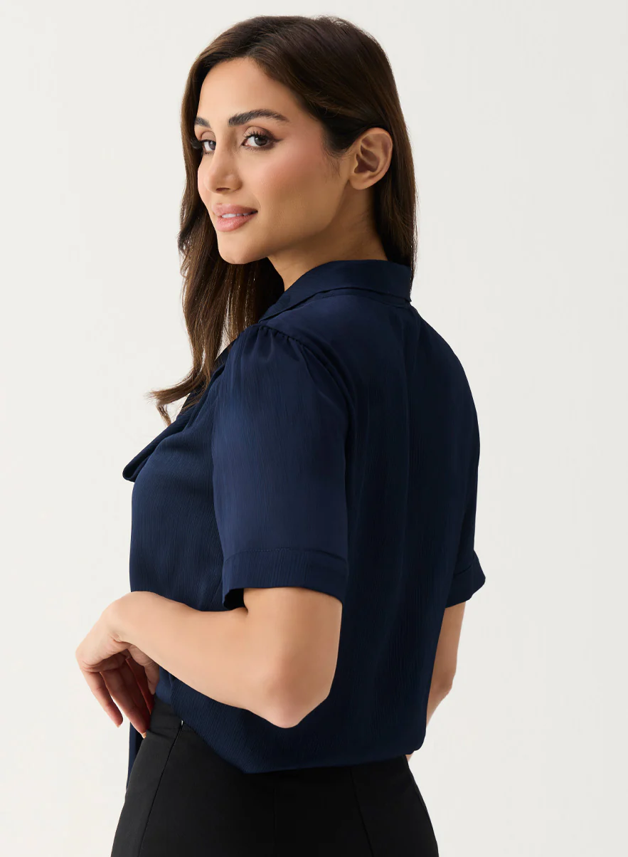 Navy Blue Short Sleeve Neck-Tie Top - Image 3