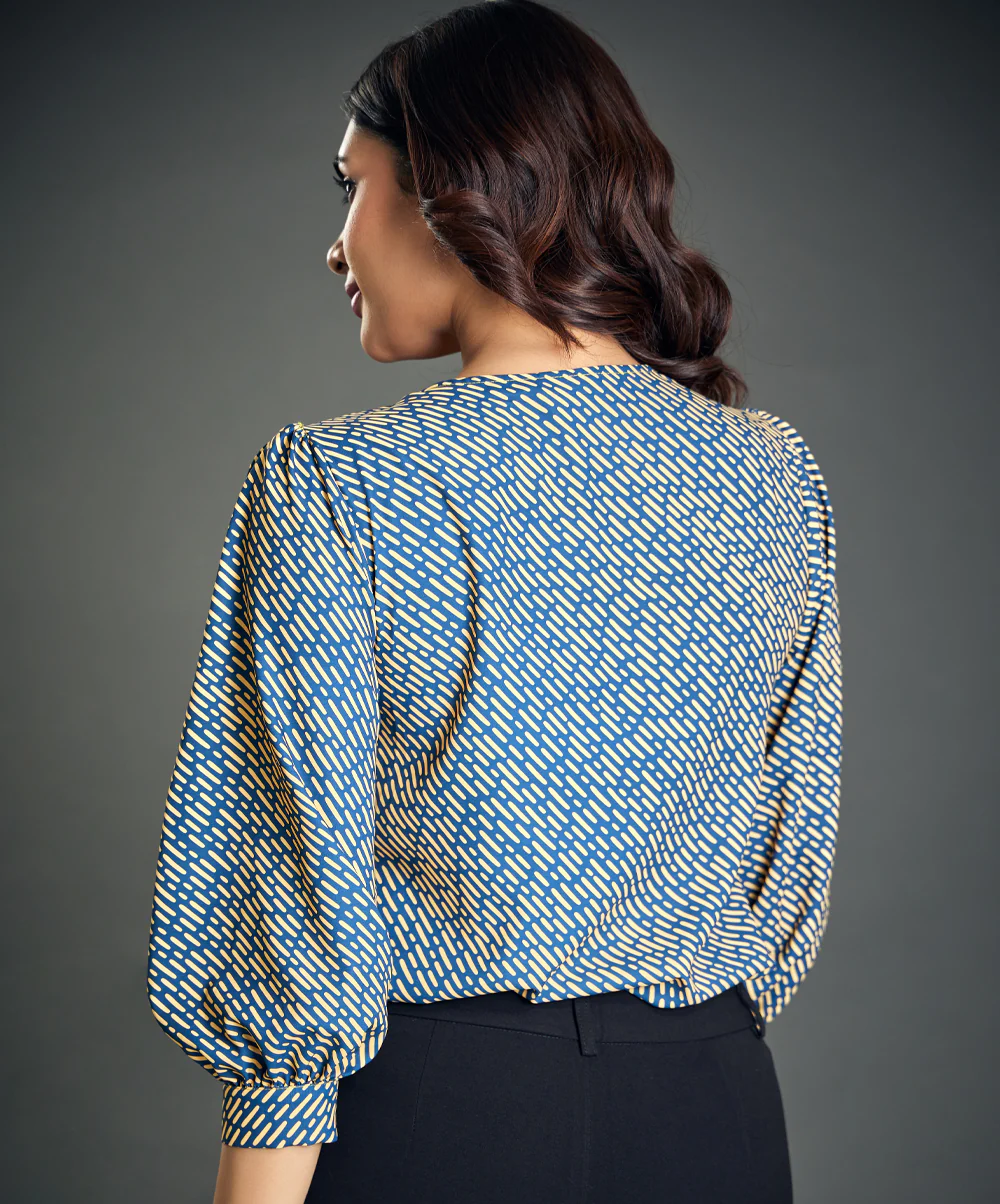 Navy Yellow Printed Side Pleated Top - Image 4