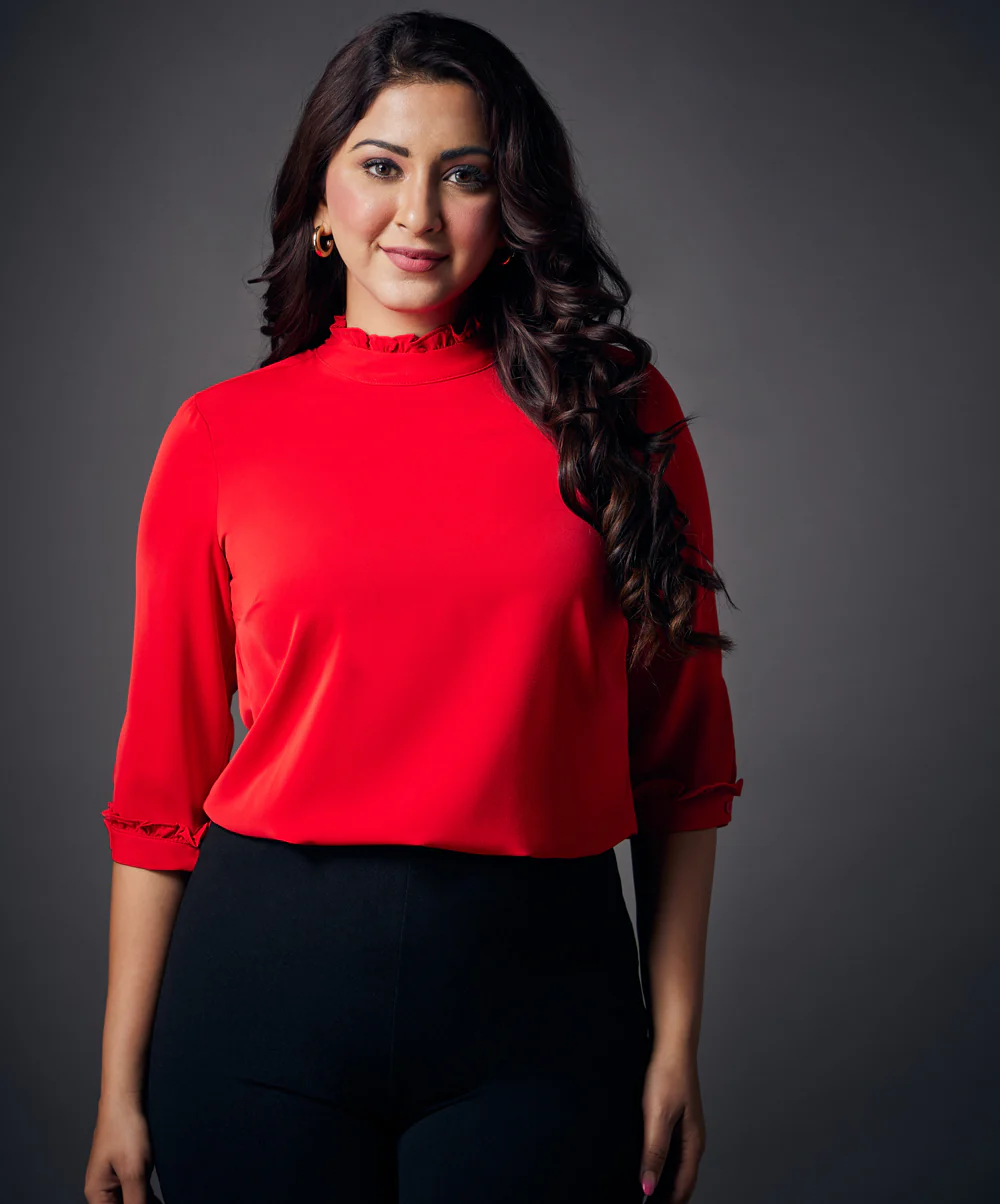 Neck And Sleeve Frilled Red Top - Image 2