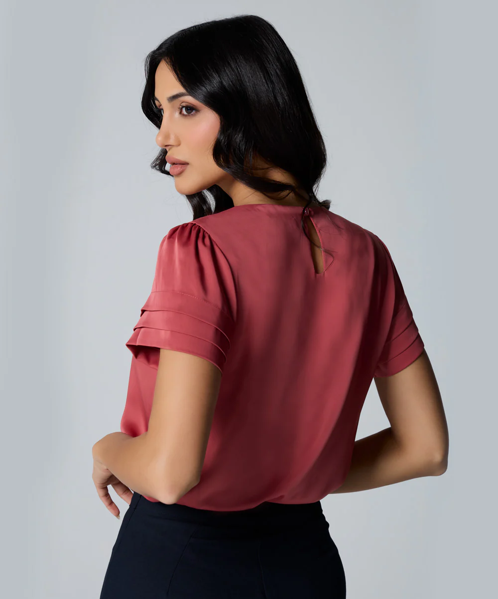 Neck And Sleeve Pleated Chiffon Top - Image 3