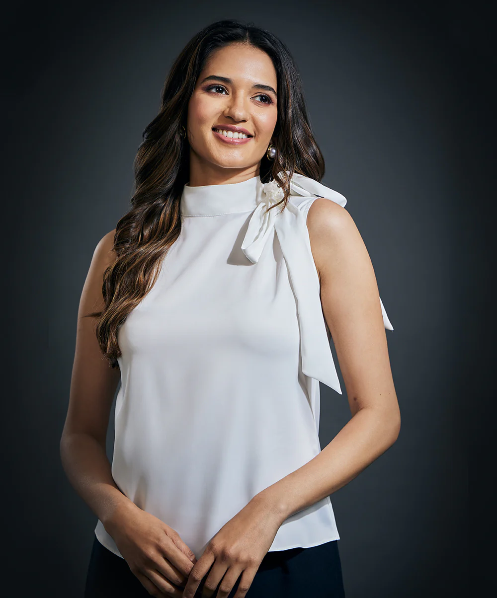 Neck Bow Tie Sleeveless Top-White - Image 2