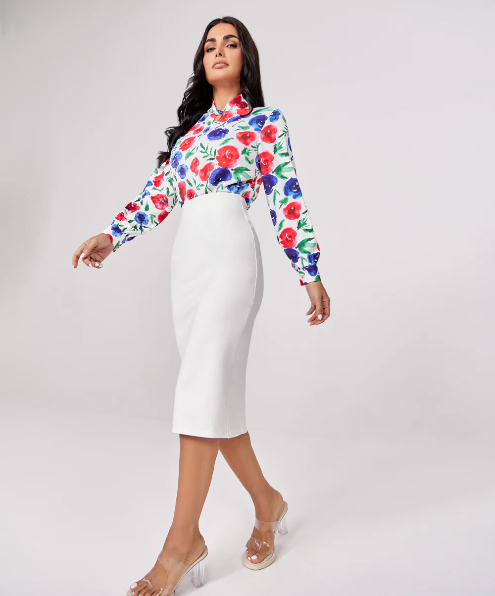 Neck Detailed Chiffon Printed Top - Image 8