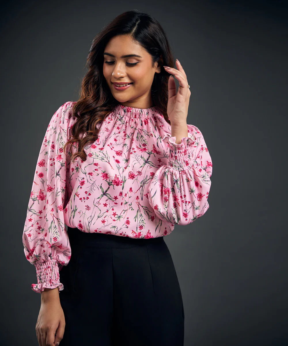 Neck Detailed Long Sleeve Pink Satin Smocked Top - Image 3