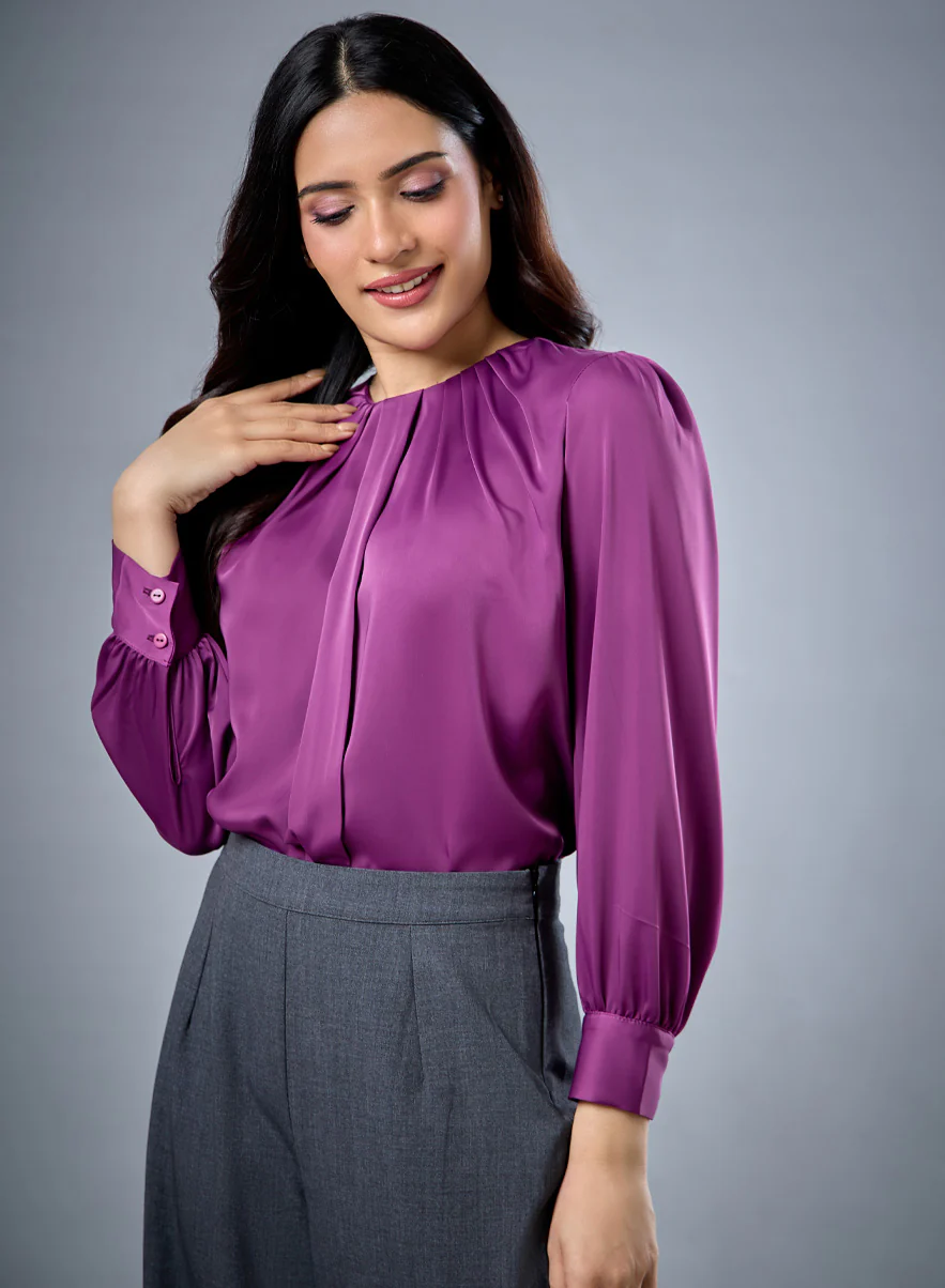 Neck Detailed Purple Chiffon Top - Image 3