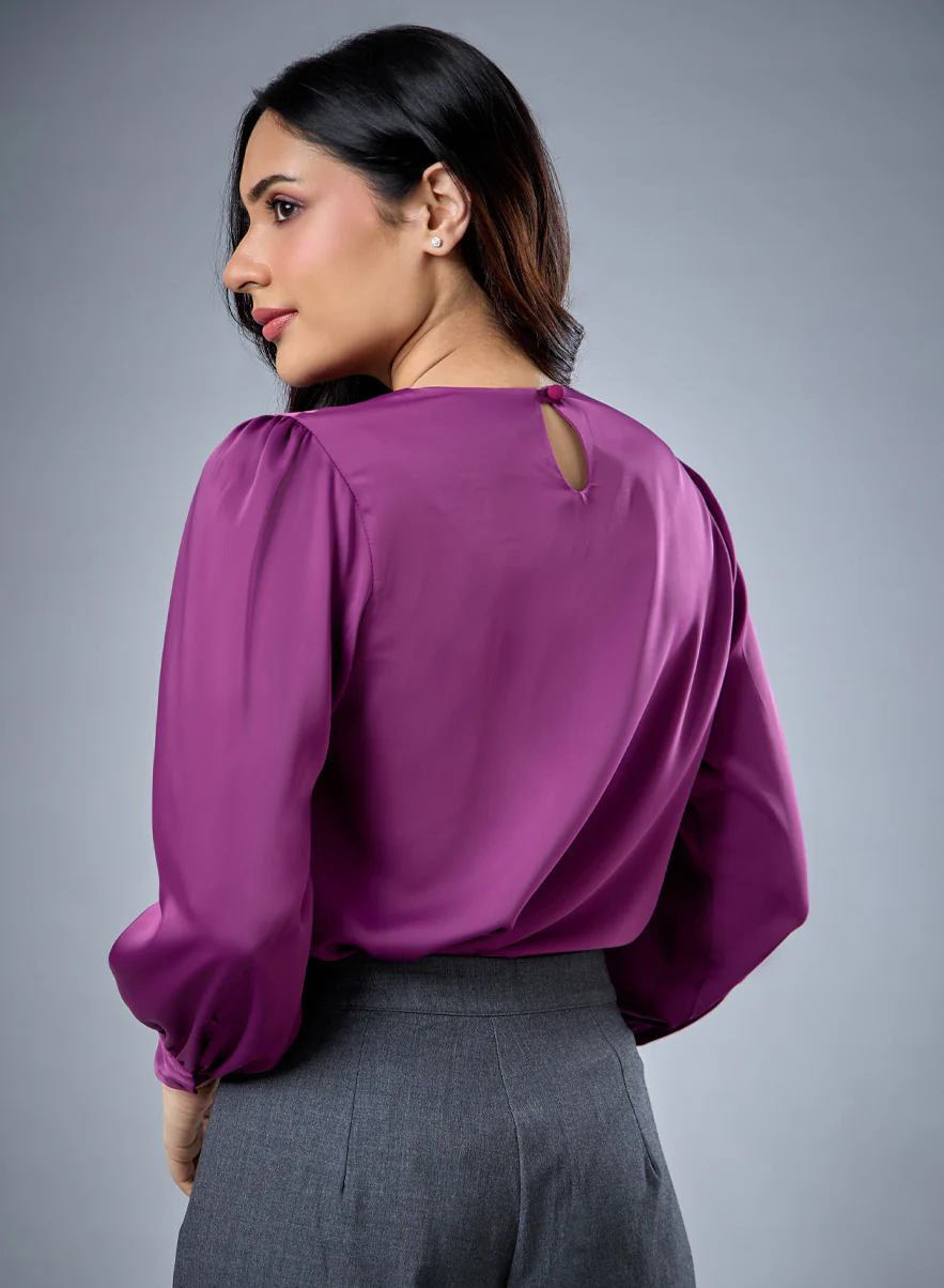 Neck Detailed Purple Chiffon Top - Image 4