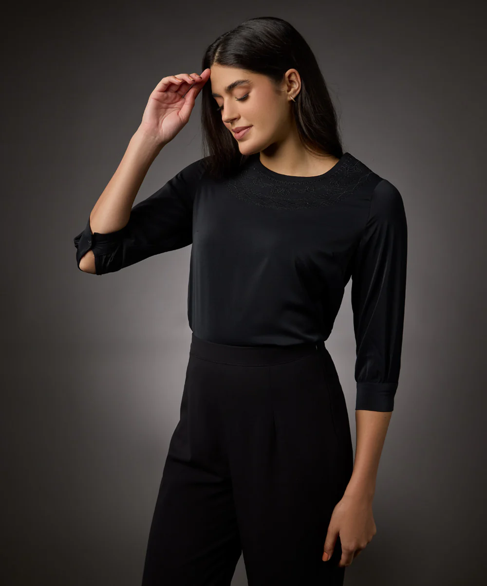 Neck Embroidered Half Sleeve Top-Black - Image 3