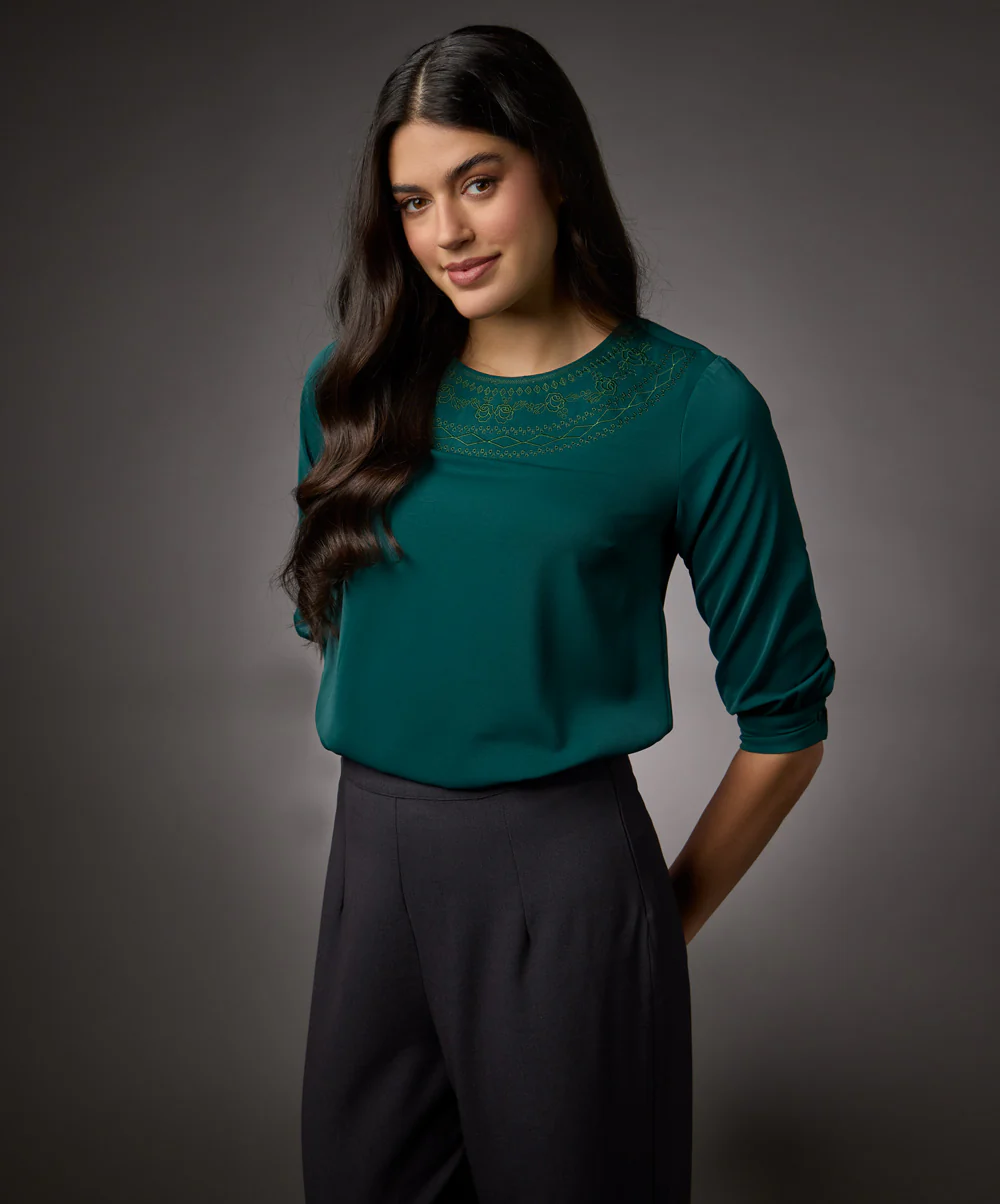 Neck Embroidered Half Sleeve Top-Green - Image 3