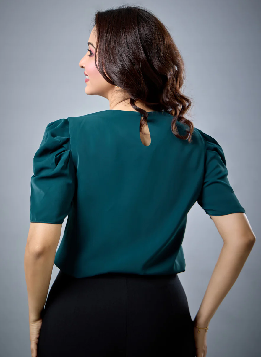 Neck Gathered Satin Short Sleeve Dark Green Top - Image 5