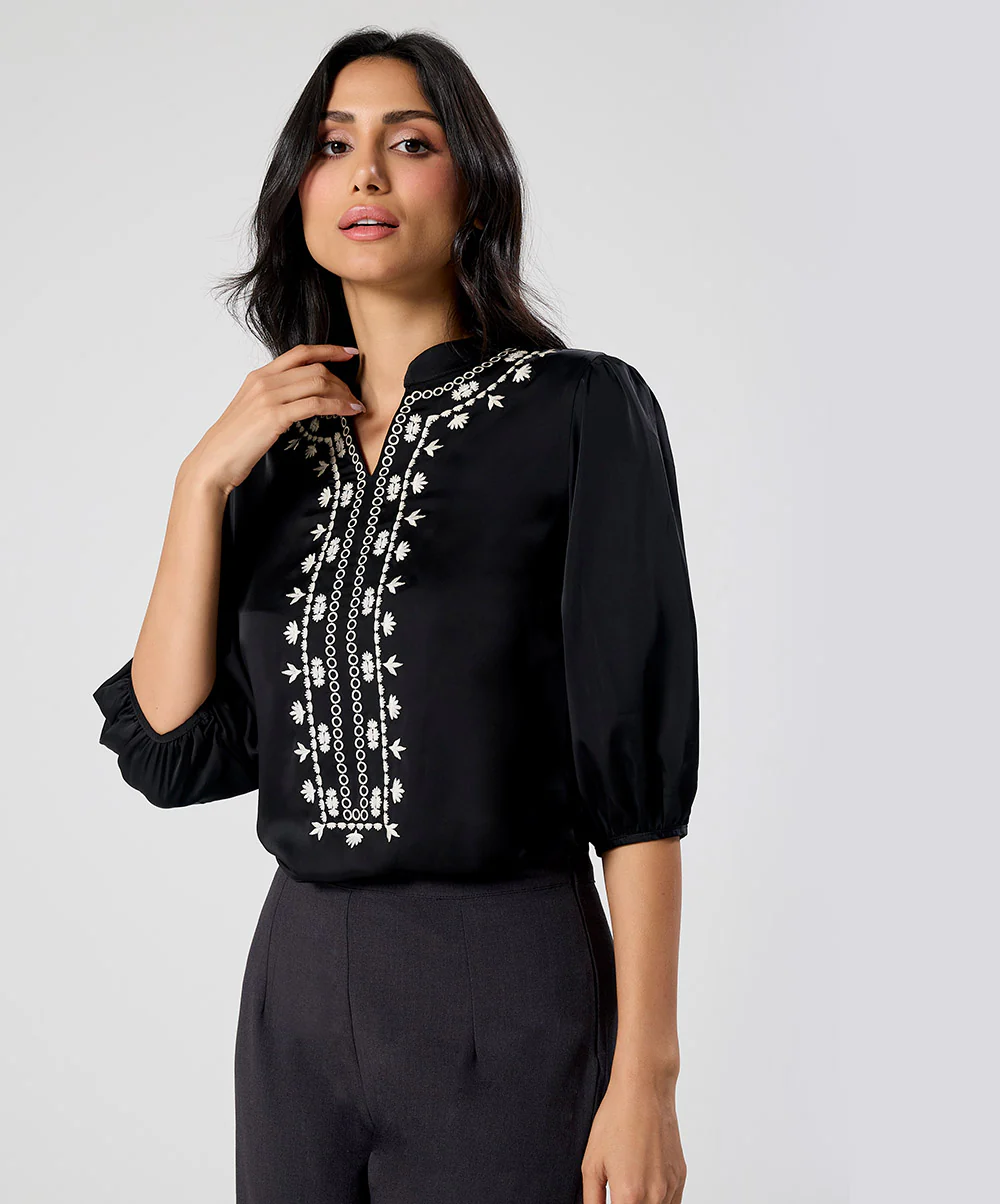 Neck Line Embroidered Long Sleeve Chiffon Top - Image 3
