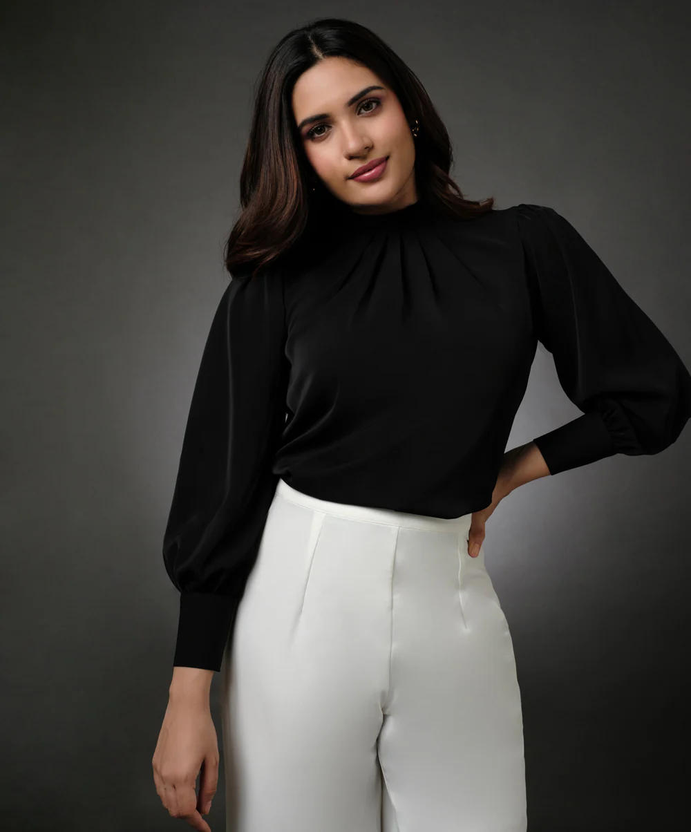 Neck Pleated Black Top With A Sleeve Cuff - Image 3