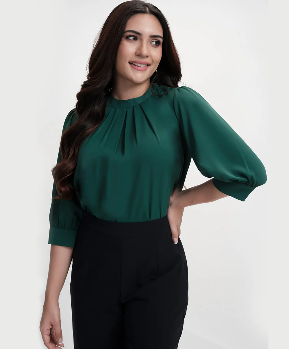 Neck Pleated Half Sleeve Chiffon Green Top - Image 3