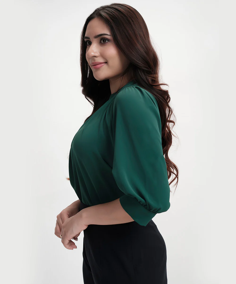 Neck Pleated Half Sleeve Chiffon Green Top - Image 4