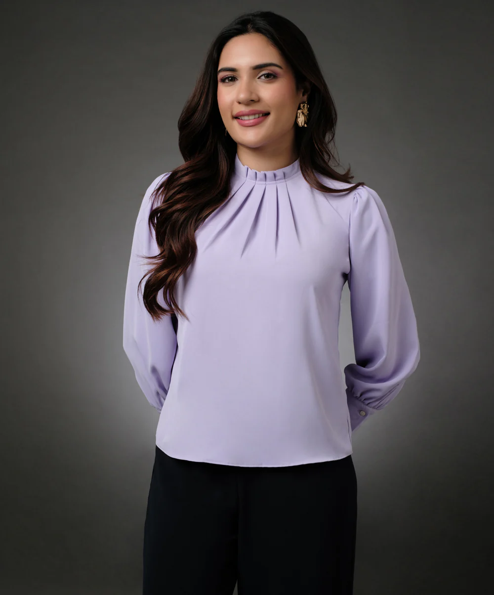 Neck Pleated Lavender Top With A Sleeve Cuff - Image 3