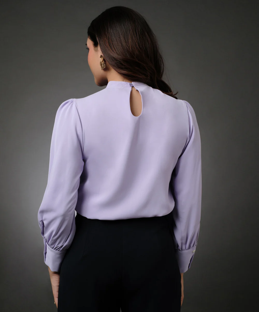 Neck Pleated Lavender Top With A Sleeve Cuff - Image 4