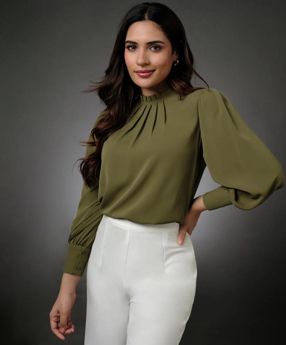 Neck Pleated Light Green Top With A Sleeve Cuff - Image 3