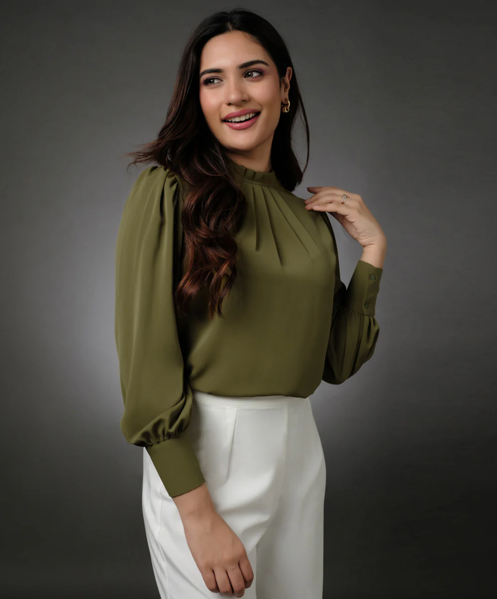 Neck Pleated Light Green Top With A Sleeve Cuff - Image 4