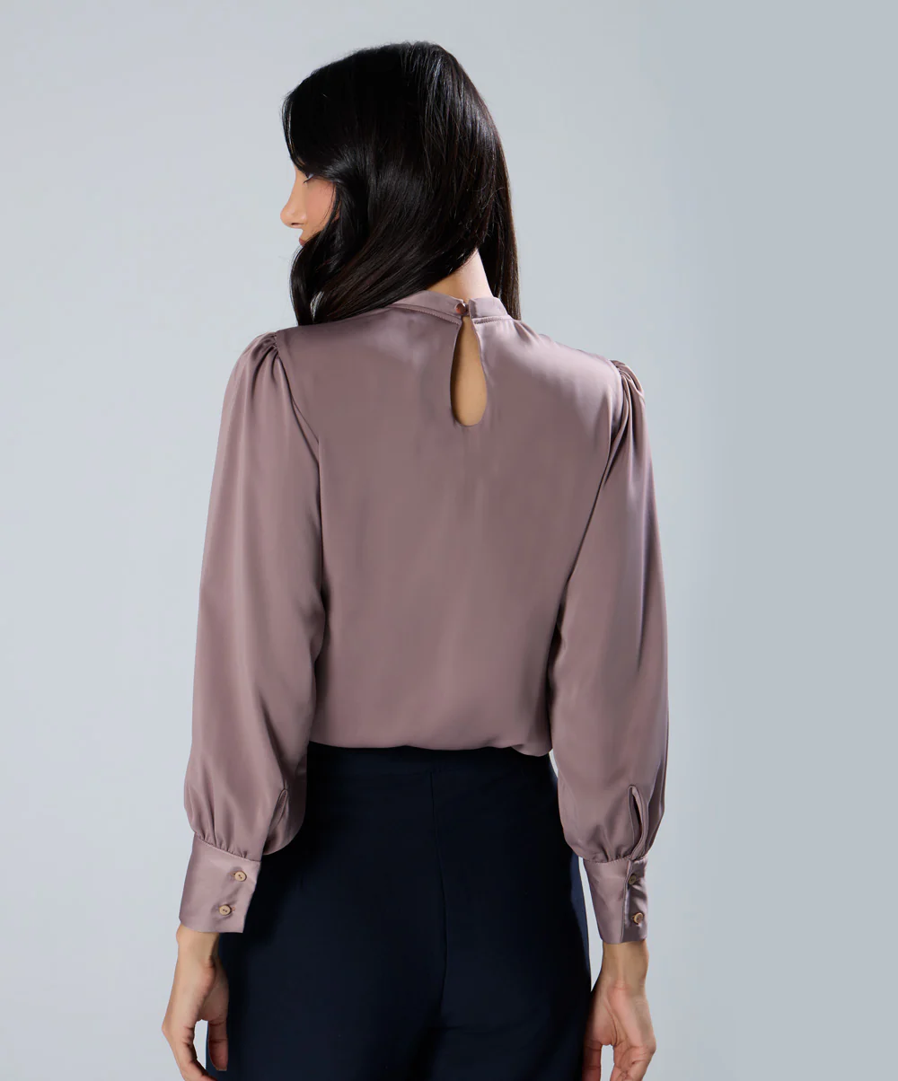 Neck Pleated Long Sleeve Brown Top - Image 4
