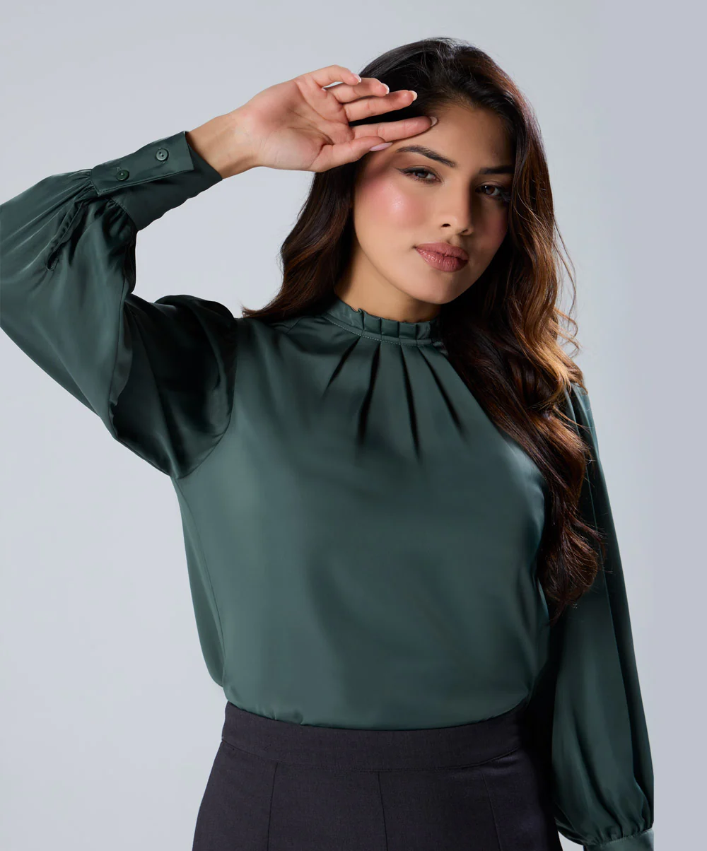 Neck Pleated Long Sleeve Green Top - Image 4