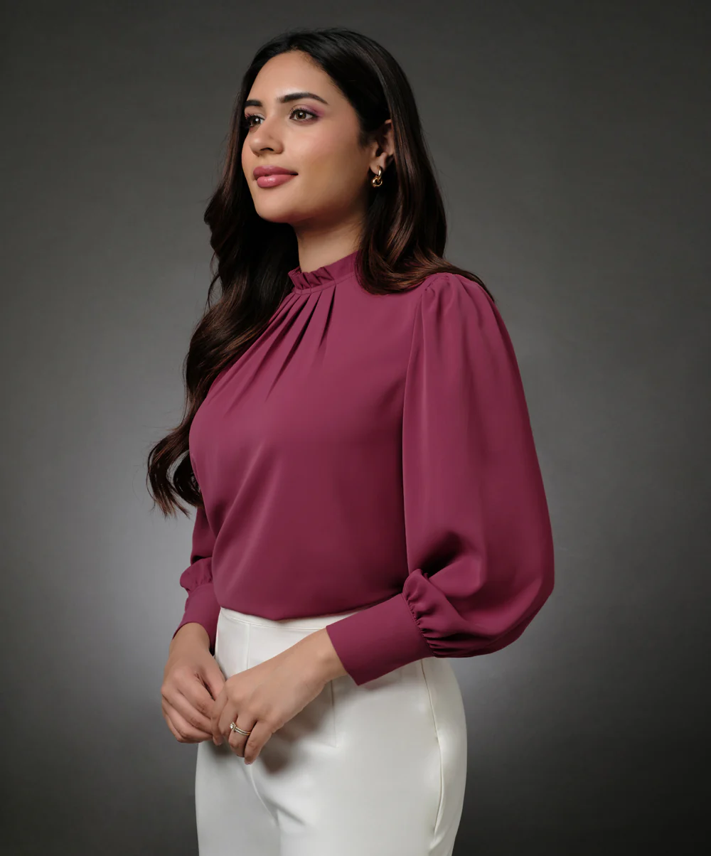 Neck Pleated Pink Top With A Sleeve Cuff - Image 2