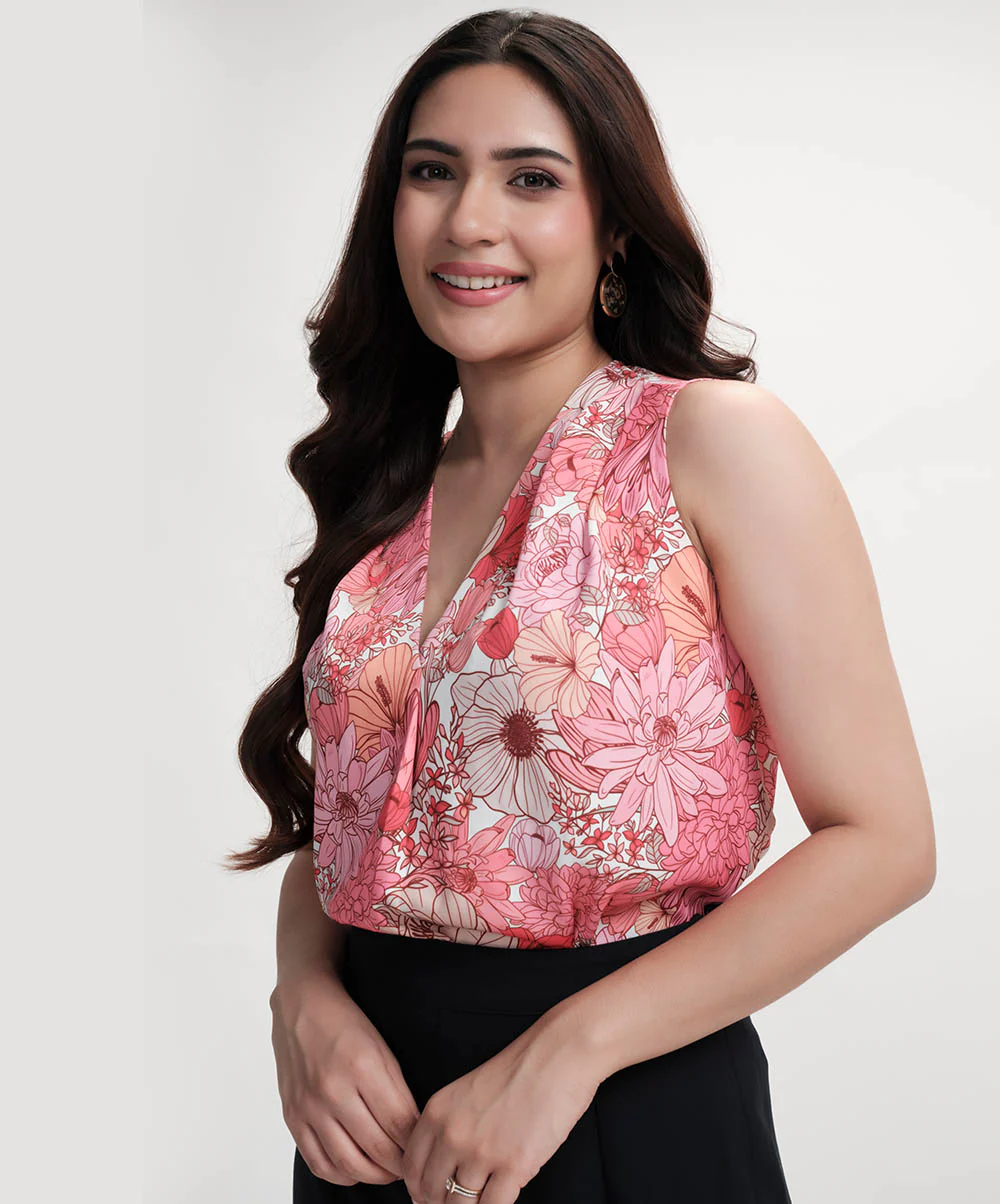 Neck Pleated Printed Pink Top - Image 2