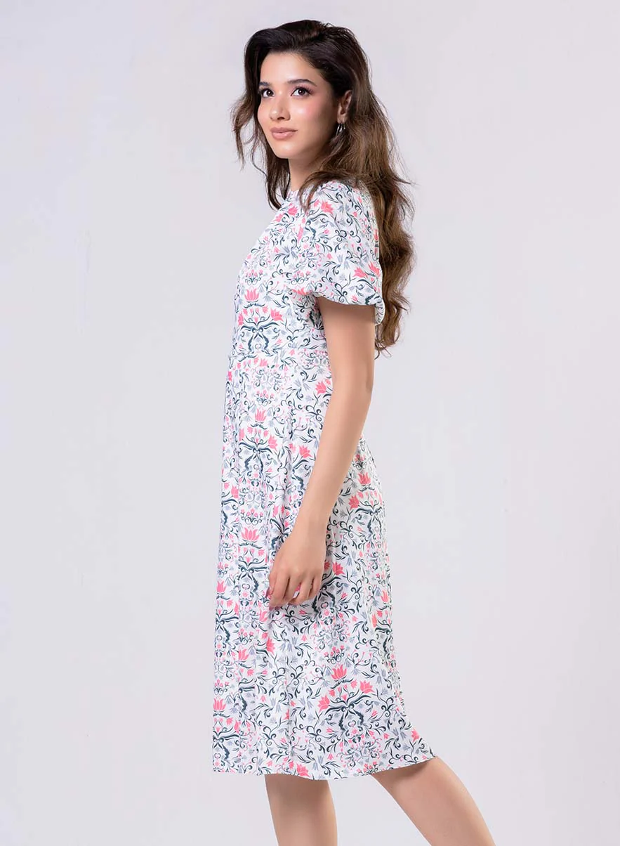 Neck Pleated Printed Satin Dress - Image 2
