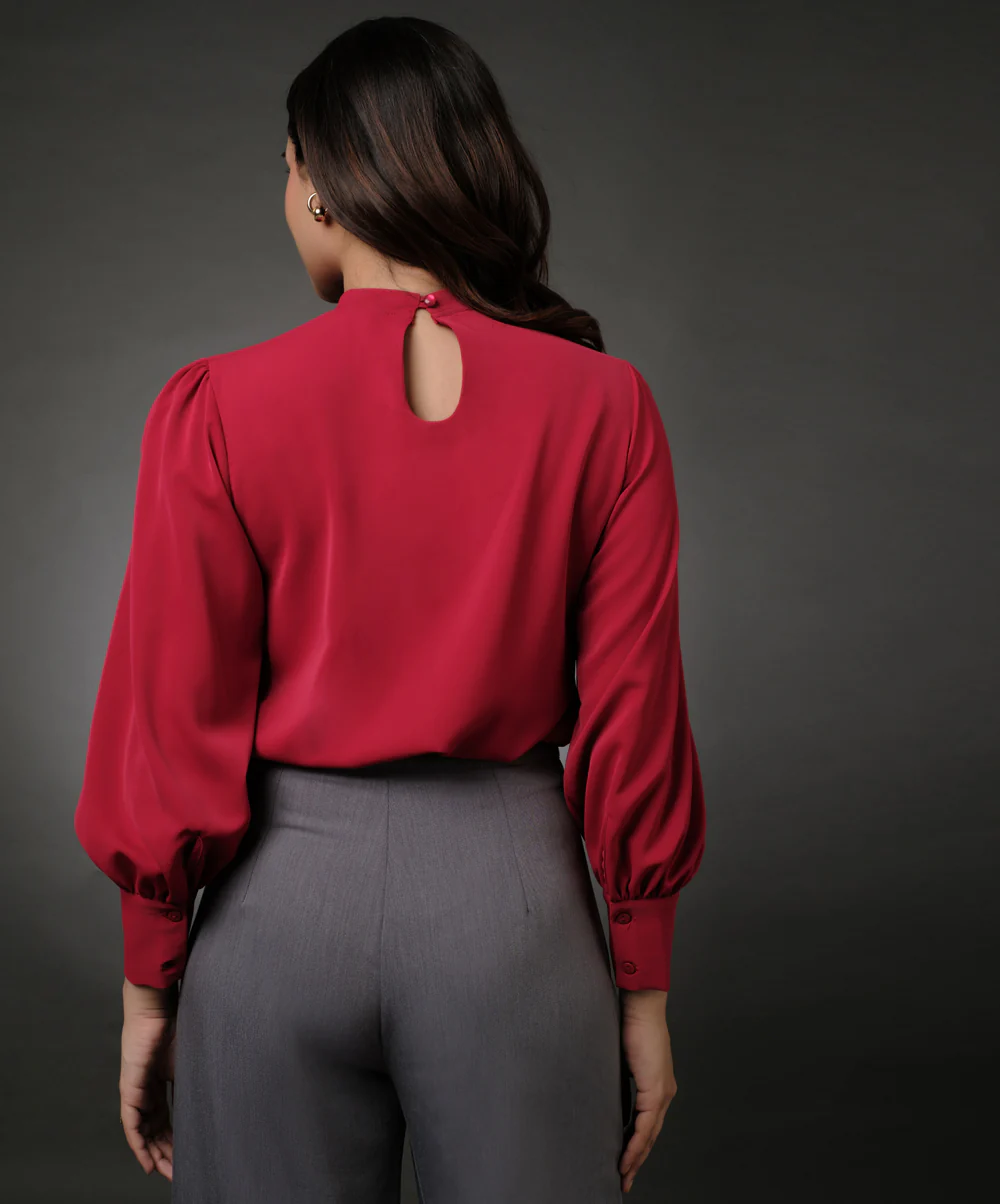 Neck Pleated Red Top With A Sleeve Cuff - Image 5