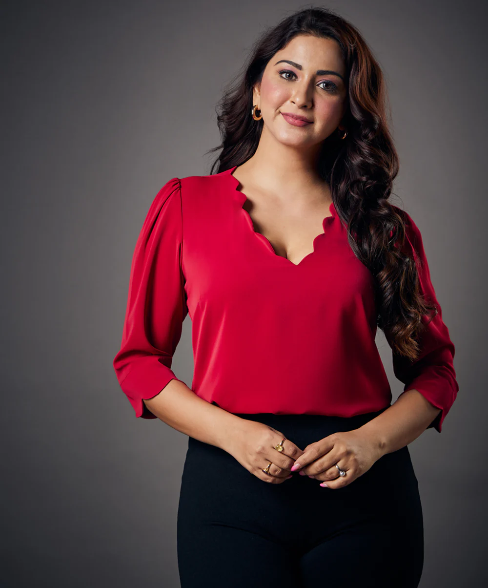 Neck Scalloped Half Sleeve Red Top