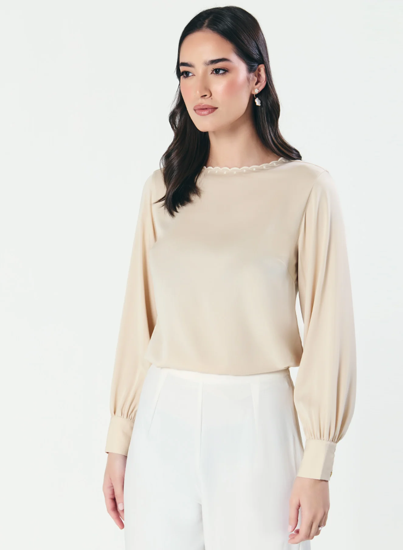 Neck Scalloped Long-Sleeve Light Beige Top - Image 2