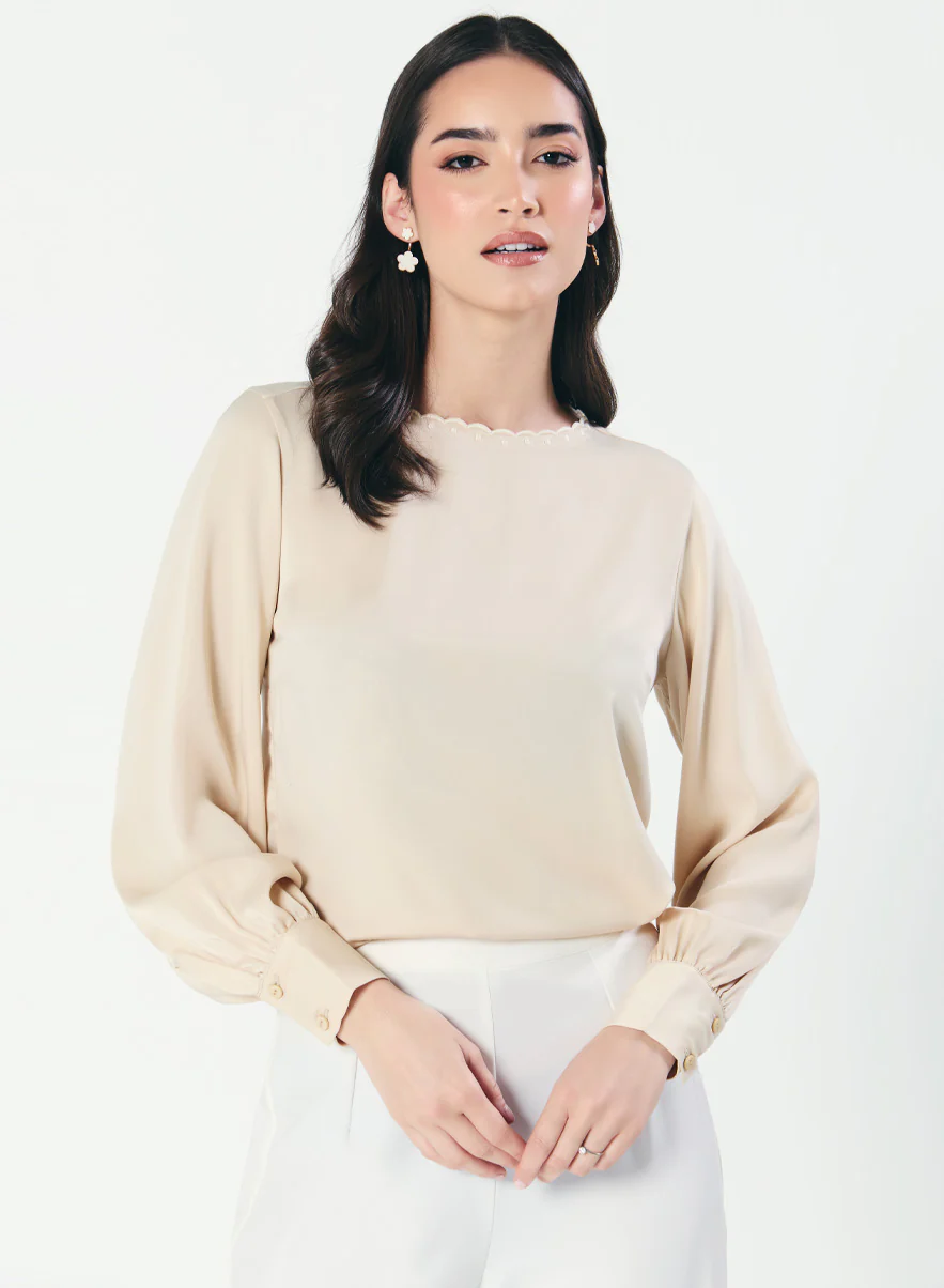 Neck Scalloped Long-Sleeve Light Beige Top - Image 3