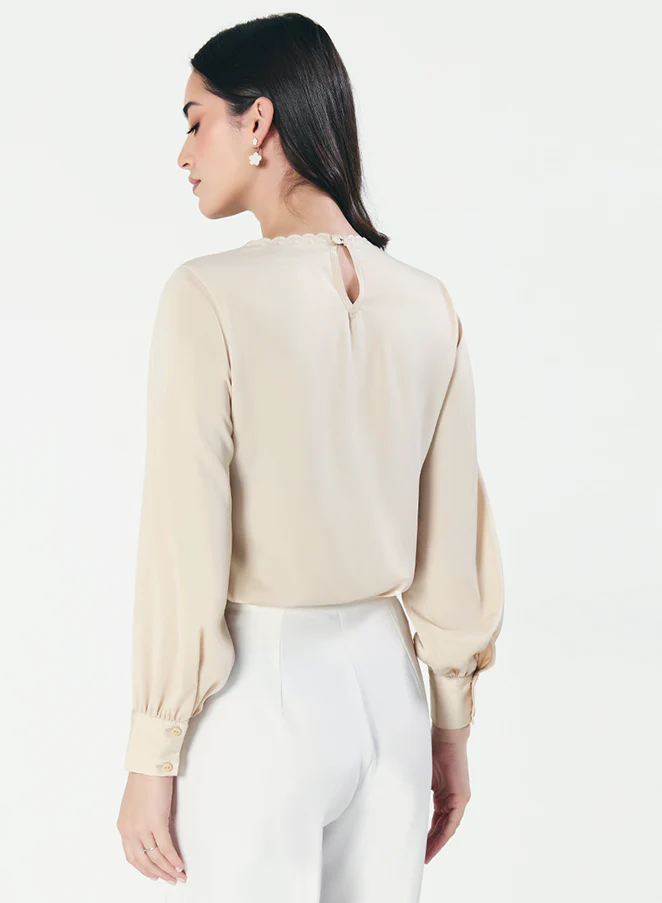 Neck Scalloped Long-Sleeve Light Beige Top - Image 4