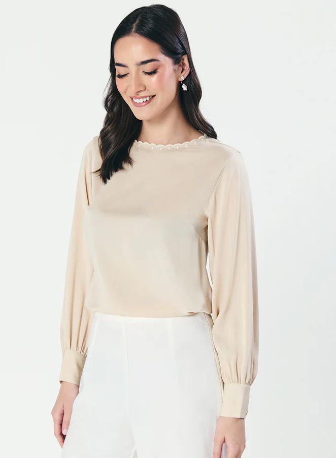 Neck Scalloped Long-Sleeve Light Beige Top - Image 6