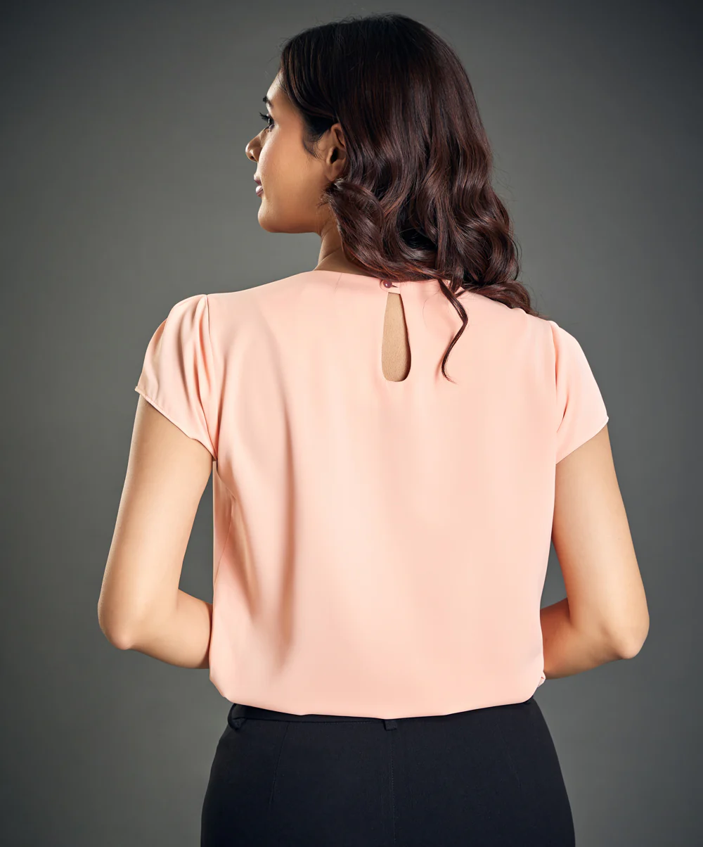 Neck Sharp Pleated Chiffon Pink Top - Image 4