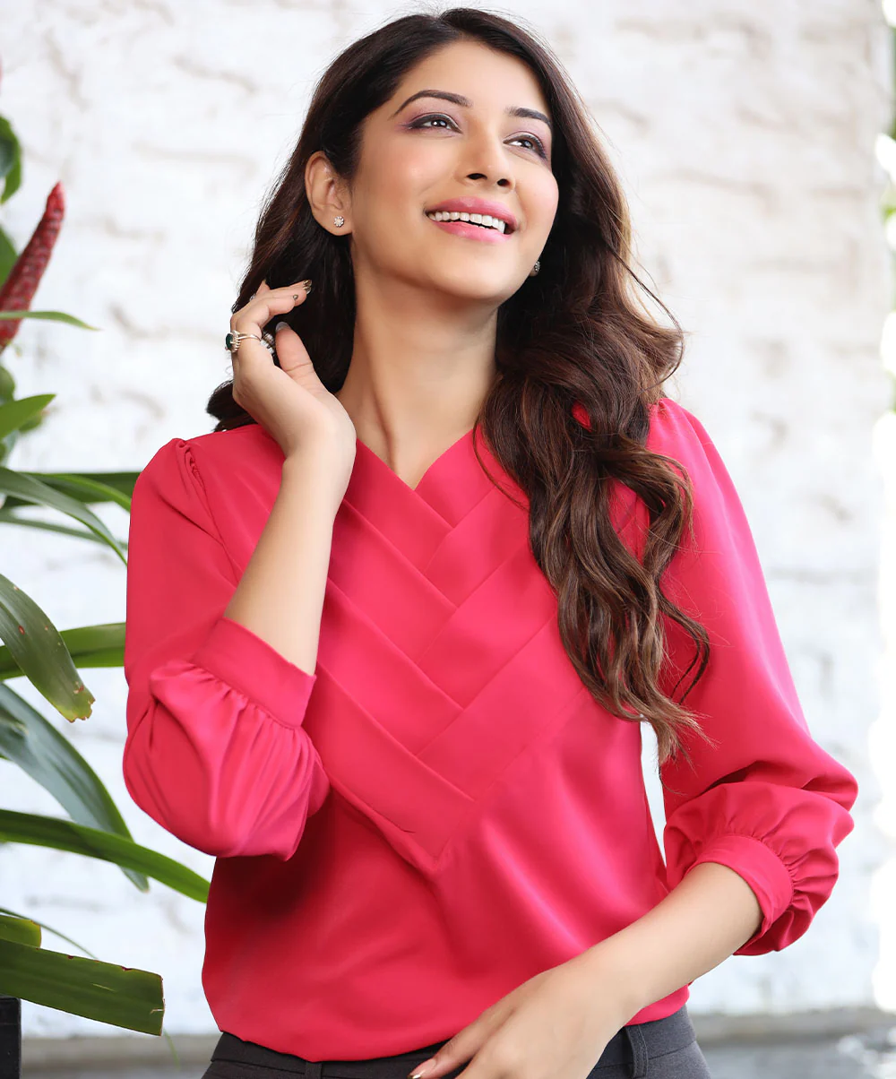 Neck Side Pleated Chiffon Pink Top
