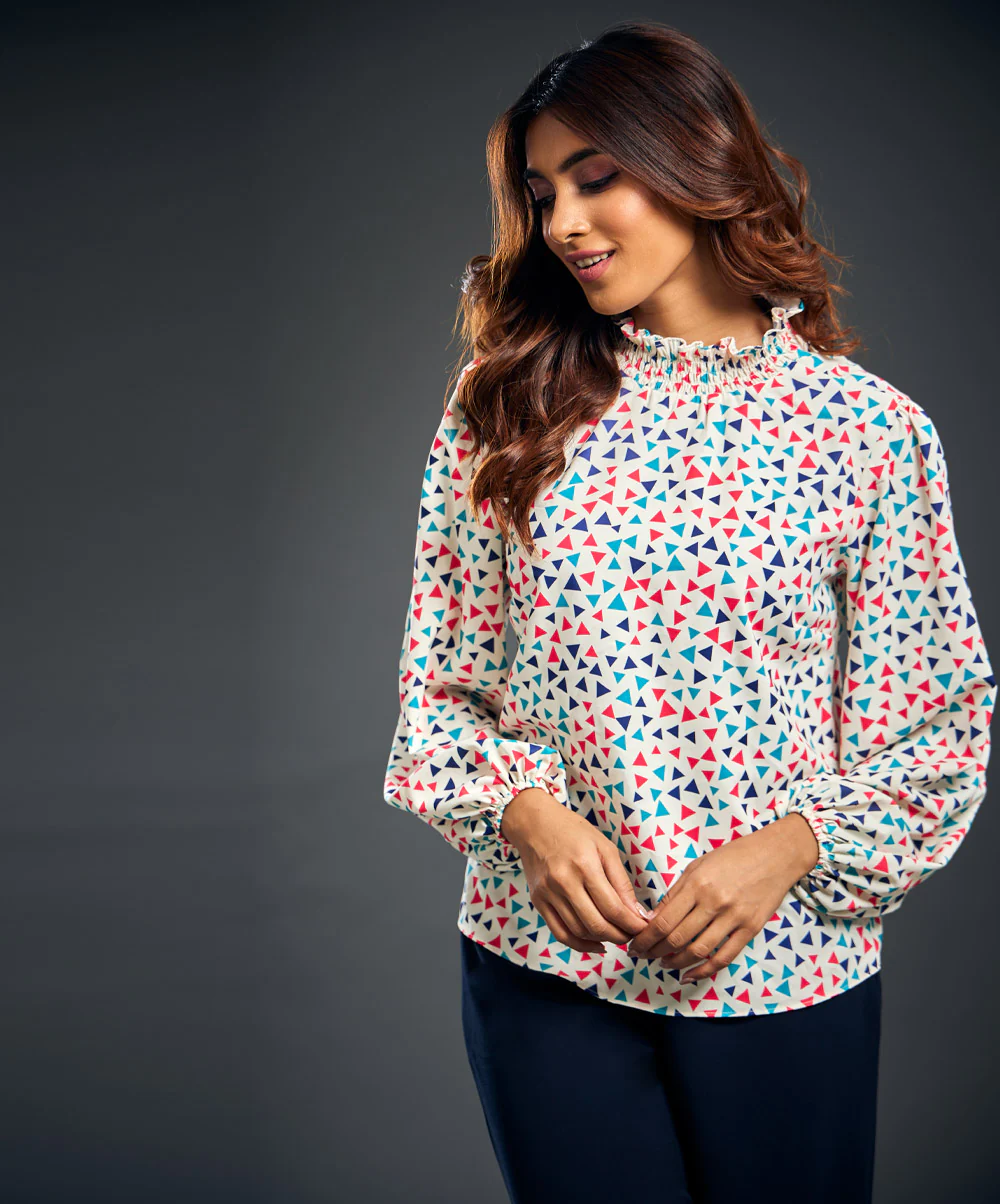 Neck Smocked Printed Long Sleeve Top - Image 2