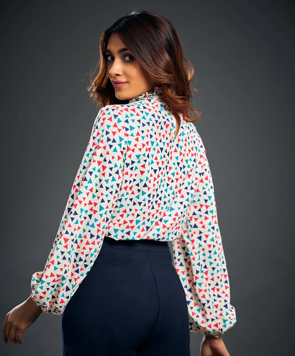 Neck Smocked Printed Long Sleeve Top - Image 4