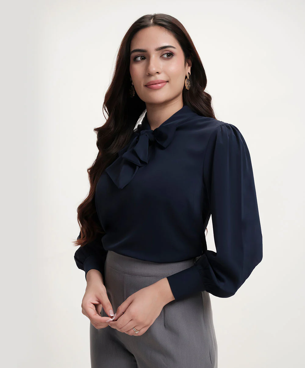Neck Tie Chiffon Solid Blue Top - Image 2