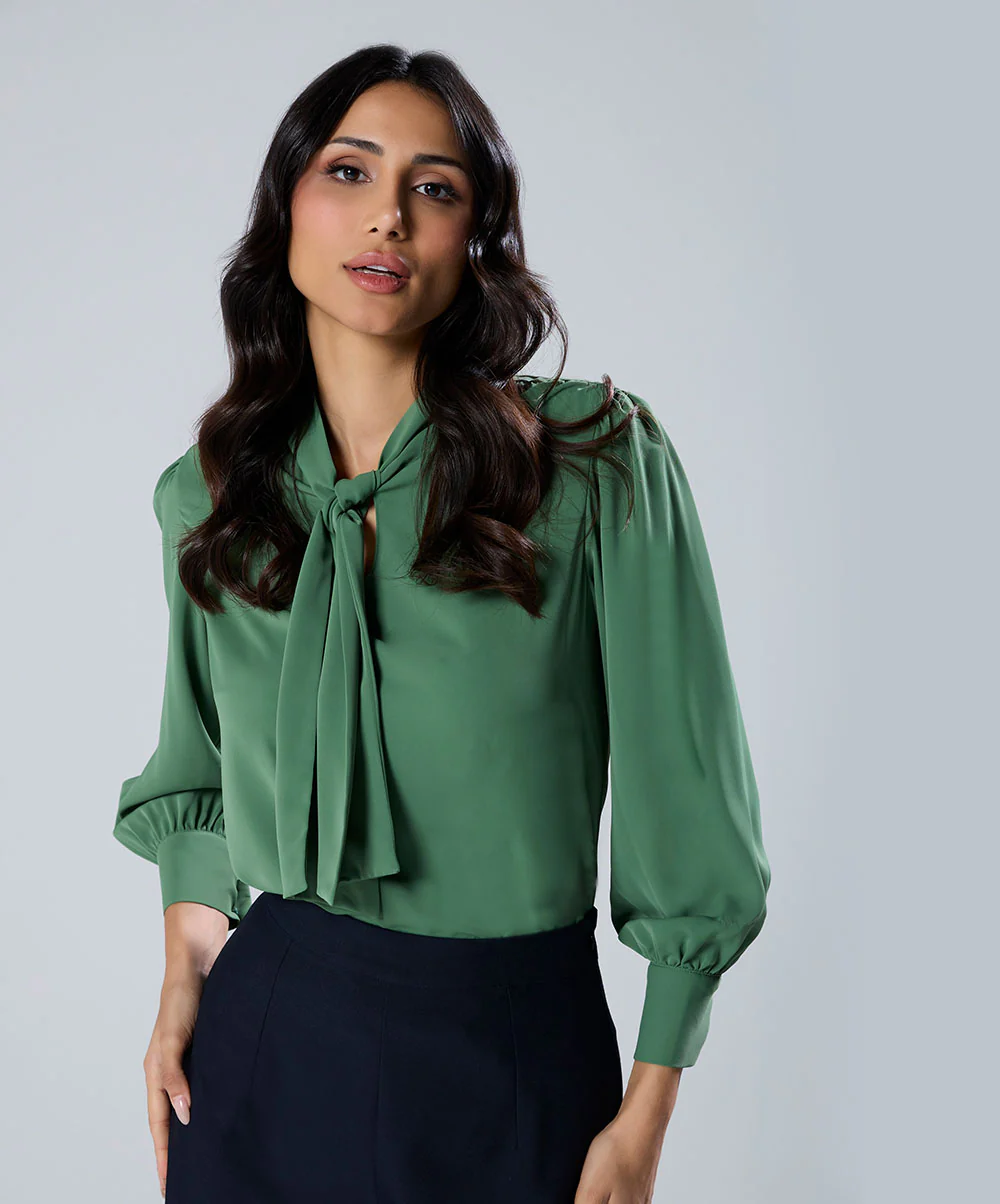 Neck Tie Chiffon Solid Green Top