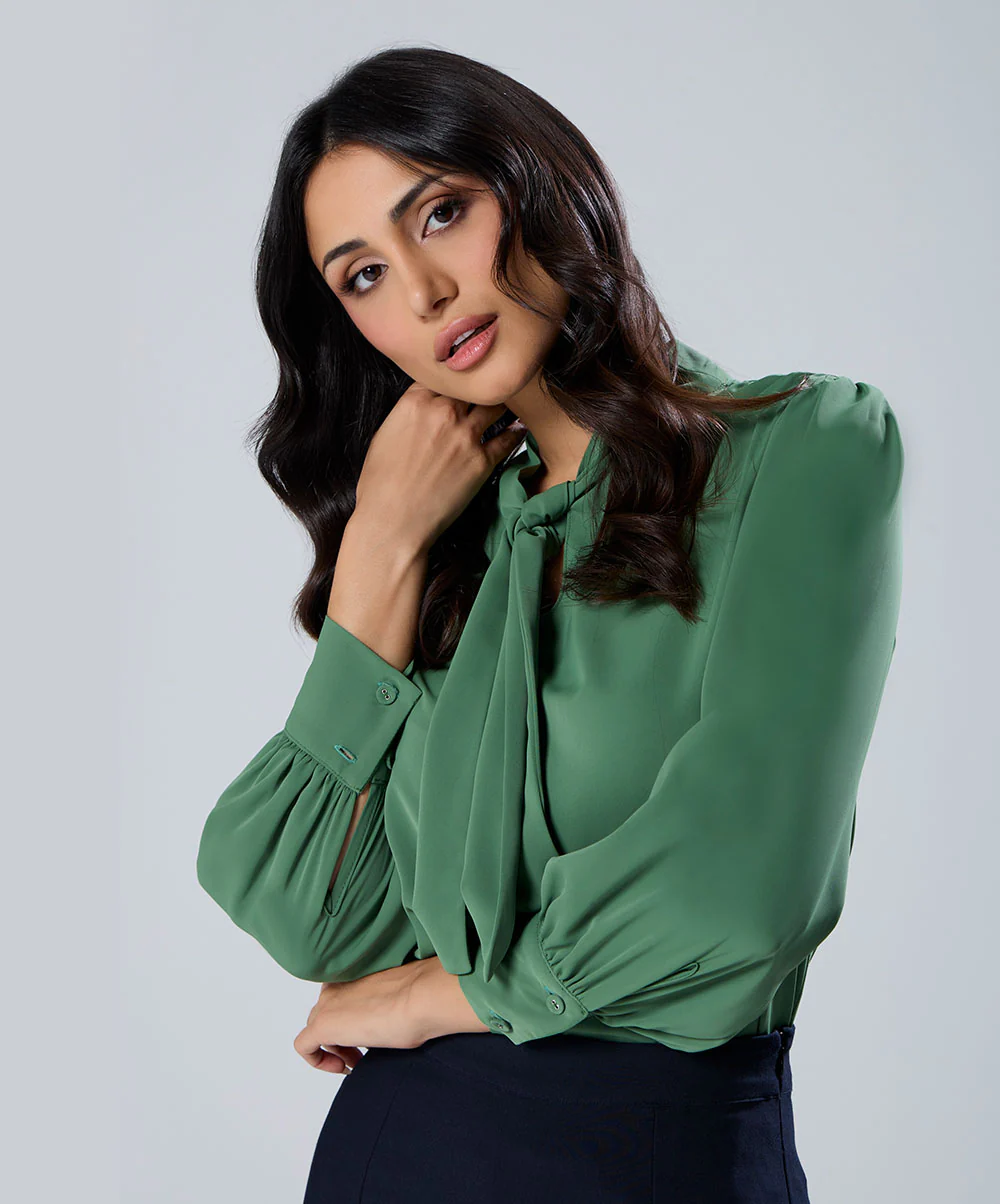 Neck Tie Chiffon Solid Green Top - Image 3