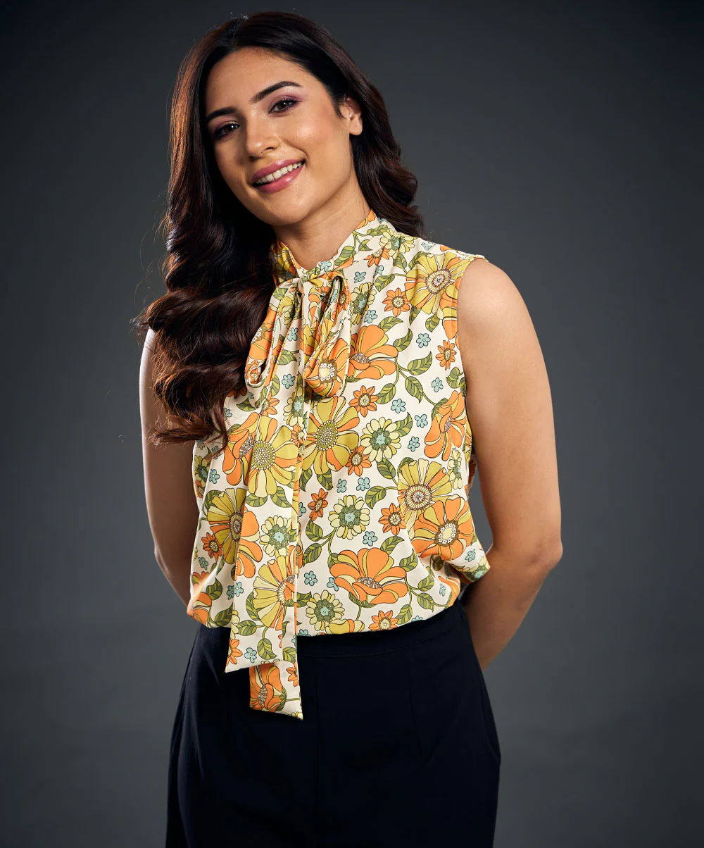 Neck Tie Floral Printed Short Sleeve Top - Image 2