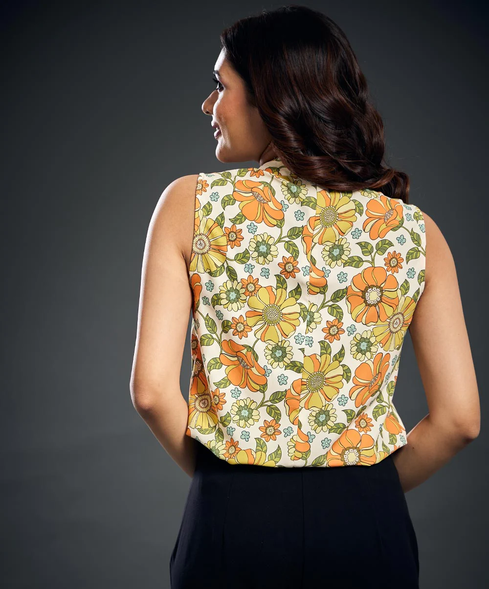 Neck Tie Floral Printed Short Sleeve Top - Image 5