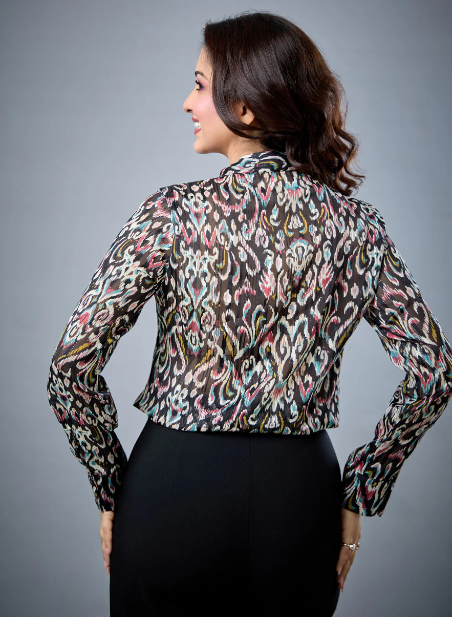 Neck Tie Long Sleeve Black Top - Image 4